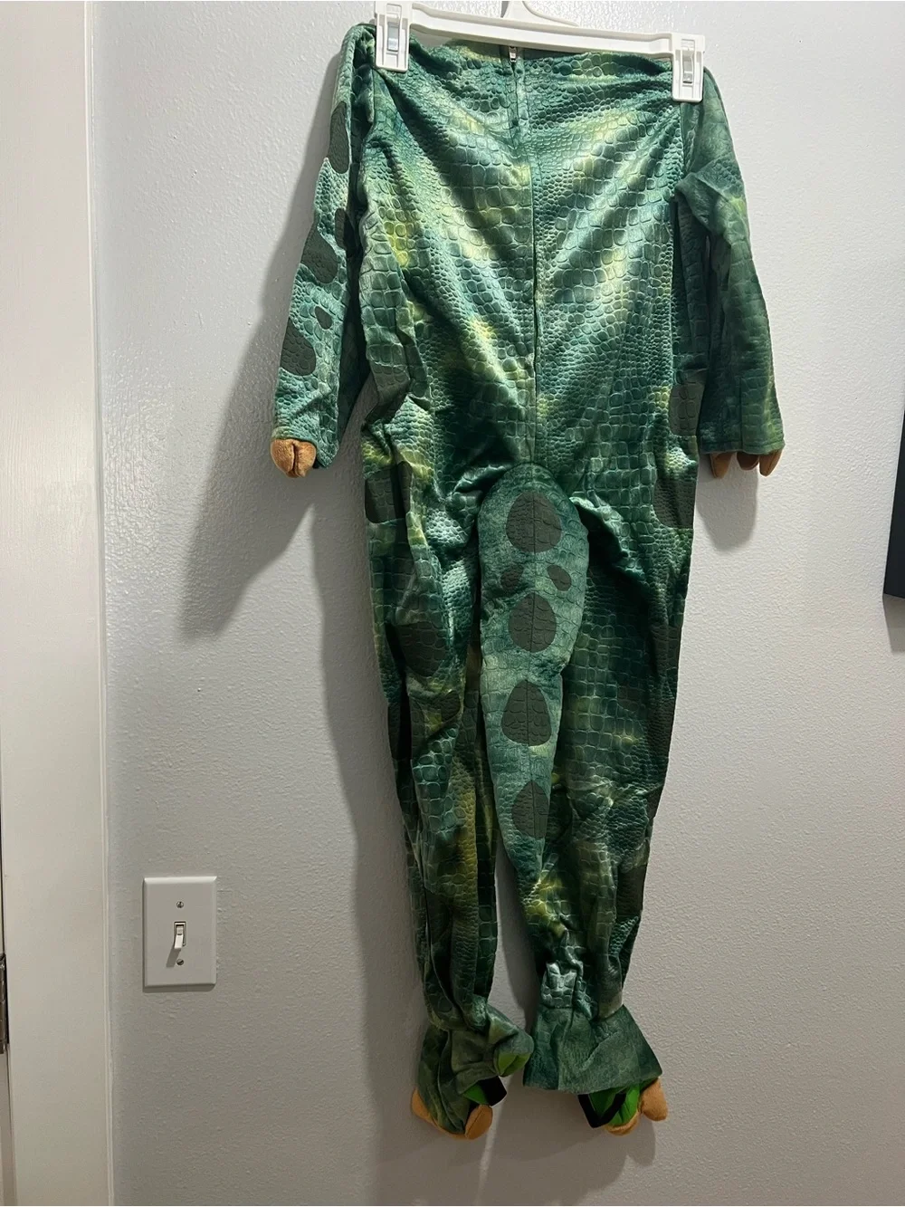 Triceratops Kids Costume - Green & Orange Jumpsuit with Dino Hood (Size S 5-7)